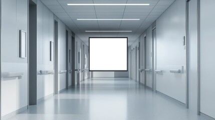 Obraz premium A minimalist hospital corridor with a blank digital billboard, framed by advanced medical technology.
