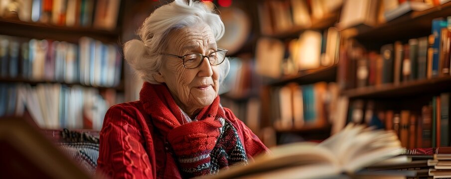Elderly woman in a cozy library surrounded by books symbolizing knowledge and financial security - Powered by Adobe