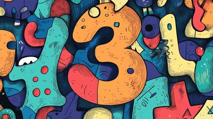 2D cartoon style hand drawn background featuring the number three along with various abstract shapes