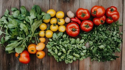 Yellow and red tomatoes, greens, and herbs on rustic wooden background.