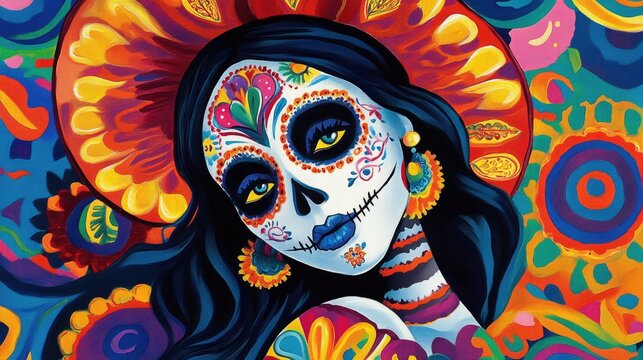 2D cartoon style painting of a female figure with a skull representing the vibrant celebration of the Day of the Dead