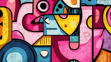 Fototapeta premium 2D cartoon style grunge graffiti doodle illustration featuring pastel colors and geometric designs Abstract artwork with smears on canvas and drywall mud aesthetics