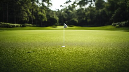 Obraz premium A pristine golf green with a flagstick centered perfectly in the hole, surrounded by lush, trimmed grass.