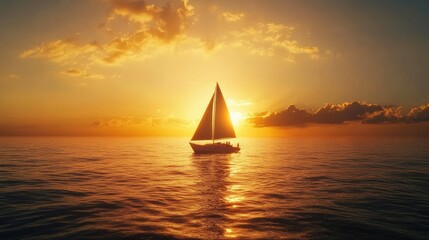 A sailboat silhouette at golden hour, with the sun setting over a peaceful ocean, creating a perfect evening scene.