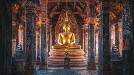 Obraz premium A serene golden Buddha statue in an ancient temple, surrounded by intricate carvings that tell a story of history.