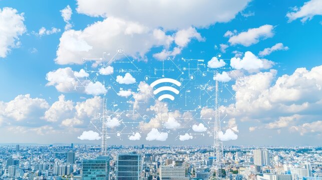 Wifi Signal Over Cityscape with Clouds and Network Design
