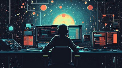 Obraz premium A Hacker Working Late at Night