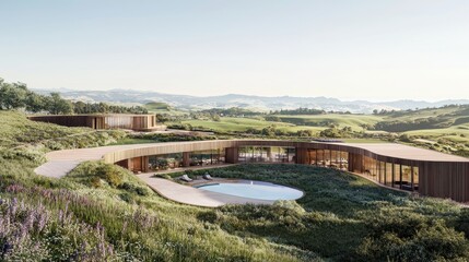Obraz premium Modern Architecture Home With Swimming Pool and Tuscan Hills Landscape