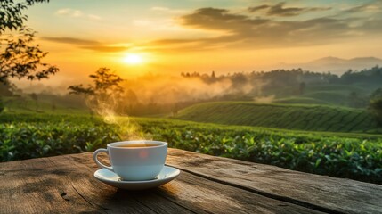A steaming cup of tea on a rustic wooden table with a breathtaking view of a tea plantation at sunset.