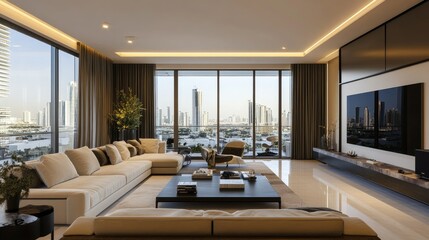 A stylish penthouse living room with modern decor, showcasing high-end design and sophistication.