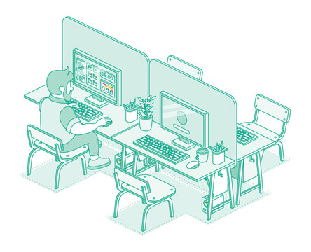 recommend clip art: Isometric open space office isolated on white background. Outline, linear style. Man working on computer in modern office. Programmer or web designer. Four desks with computer.