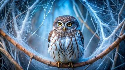 A Pygmy Owl's piercing gaze is framed by twigs and misty tendrils, as if the forest has wrapped its secrets around the tiny hunter.