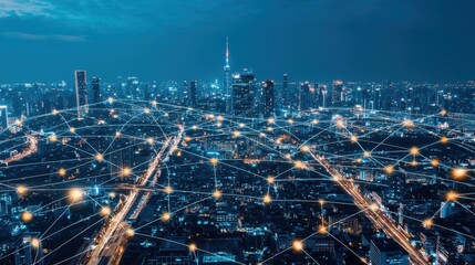 Fototapeta premium Night Cityscape with Network Connections and City Lights
