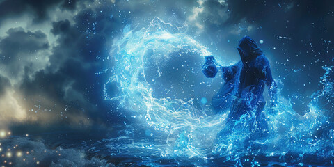 Aquarius is the astrological zodiac symbol of astronomy. Man pours water blue abstract sky background.