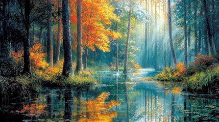 Sunlit Stream Through a Fall Forest