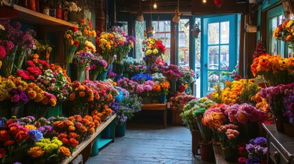 Fototapeta premium A vibrant flower shop with colorful arrangements on display.