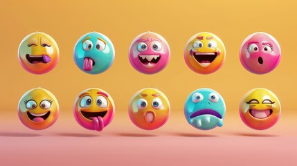 A set of vibrant and funny emojis, perfect for social media posts, showcasing diverse facial expressions.