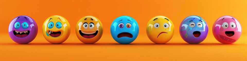 Fototapeta premium A set of vibrant 3D emojis arranged in a grid pattern, each displaying a different emotion, on a plain background with room for copy.