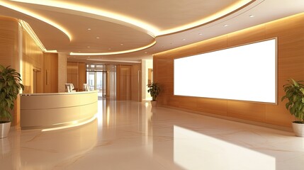 A well-lit hospital lobby featuring a large blank billboard, perfect for advertising or information display.