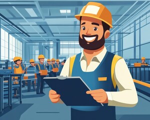 A cheerful factory supervisor with a clipboard, overseeing a wellorganized production line with happy workers, smiling supervisor, factory efficiency