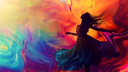 A dynamic illustration of a lady in motion, with her dress and hair flowing as she dances, set against a vibrant and colorful abstract background. 8k UHD, suitable for high-quality printing 