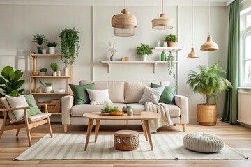 Elegant Scandinavian home decor combines neutral tones with natural elements, exuding a cozy and serene atmosphere 