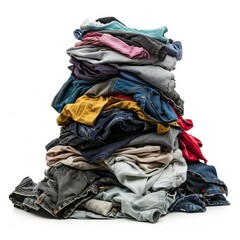 Laundry pile, dirty clothes heap isolated, dirty laundry clothing pile on white background