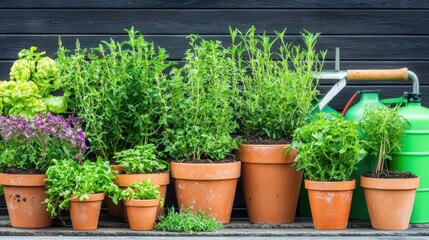 Fototapeta premium Fresh Herbs in Terracotta Pots on Wooden Background