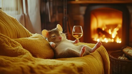 Funny mouse laying on the couch with glass of red wine, enjoying relaxing in luxury living room wood cabin, candlelight, fire place, Christmas decoration background. Funny pet animal portrait cartoon.