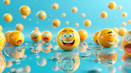 Obraz premium A playful set of 3D emojis showing a mix of emotions, scattered on a reflective background with ample text space.