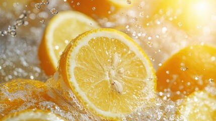 Citrus drops in motion, bursting with Vitamin C, creating a refreshing splash in water.