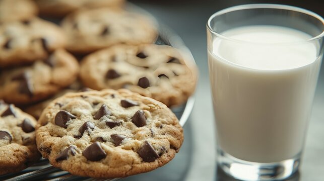 Chocolate chip cookies with a glass of milk, capturing the perfect indulgent treat.