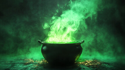 A black iron cauldron emits thick, swirling green smoke as it bubbles with a mysterious, glowing potion.