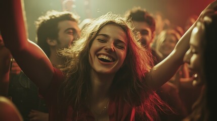 Fototapeta premium A Young Woman with Long Blonde Hair Laughs at a Concert