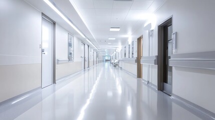 Empty Hospital Corridor with Bright White Walls and Gleaming Floors