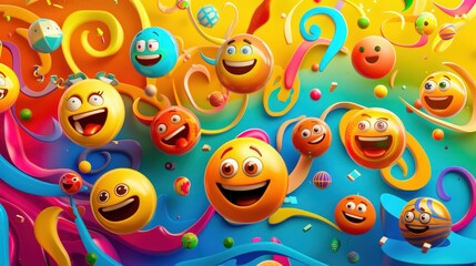 Obraz premium A playful assortment of emoji faces on an abstract backdrop with swirling colors and geometric patterns.