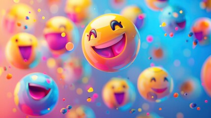 A playful assortment of emoji faces on an abstract backdrop of soft gradients and cheerful patterns.