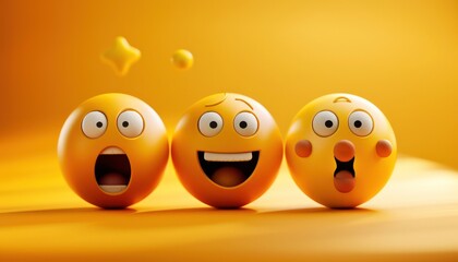 A mix of 3D emojis expressing joy, surprise, and contentment, with clear space for text, in
