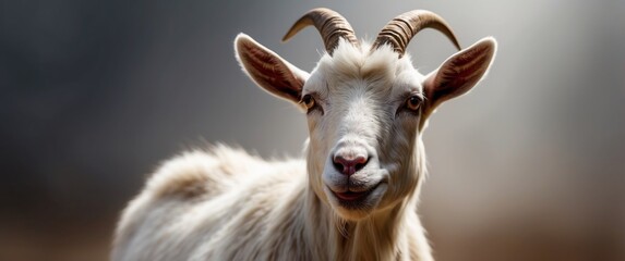 Obraz premium White Goat with Curved Horns and Smiling Muzzle