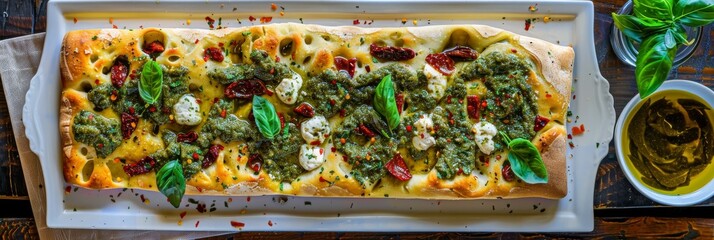 Focaccia with Sun-Dried Tomatoes, Pesto Sauce, Stracciatella Cheese and Fresh Spinach Leaves