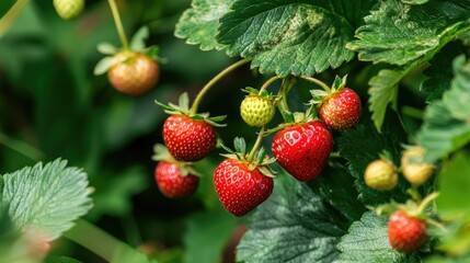 Strawberry plant with ripe and unripe berries, surrounded by green foliage on a plantation.
