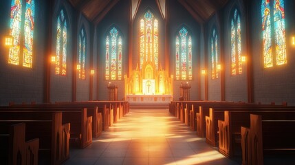 The interior of a church with stained glass windows, wooden pews, and a glowing altar.
