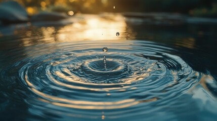 The moment a water drop touches the surface, creating ripples that expand outward.