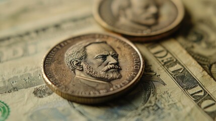 Close-up of a US Half Dollar Coin Resting on Paper Money
