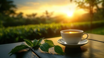 Tranquil evening with a hot tea cup on a table, tea leaves visible on the plantation as the sun sets.