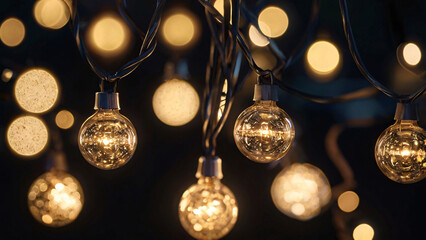 Close-up of warm, glowing LED string lights creating a festive and cozy ambiance