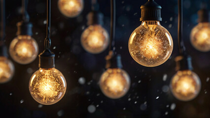 Glowing vintage-style light bulbs hanging with a warm, festive ambiance and soft bokeh background