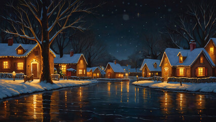 Illustration of a snowy village at night with cozy lit houses reflecting on a frozen river