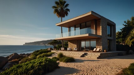 Obraz premium Modern seaside residence with ocean views and spacious outdoor terrace.