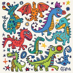Funny dragons doodle set, cartoon dino, graphic dinosaurs isolated, monster animals